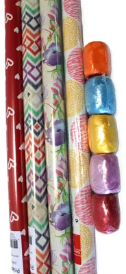 Produktbild von 4 Rollen Geschenkpapier 200 x 70 cm+ 5 Rollen Geschenkband (100 m) unterschiedliche Farben