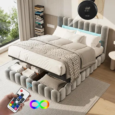 Image de Lit avec tête de lit capitonnée - Lit double - 180 x 200 cm - Revêtement en velours gris - Éclairage LED - Espace de rangement hydraulique - Structure en bois