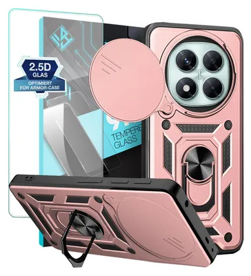 A product shot showcasing a rose gold phone case with a built-in ring stand and a screen protector.