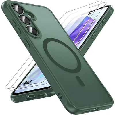 Image de Coque + 2 Verres Trempés pour Samsung Galaxy A55 5G, avec Cercle Magnétique et Vitre Caméra - Vert Nuit
