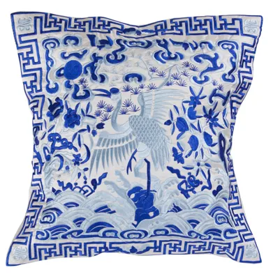 Produktbild von Fine Asianliving Chinesisches Kissen Handbestickt Weiß Kranich 45x45cm Baumwolle Japanisch Orientalisch Asiatischer Stil