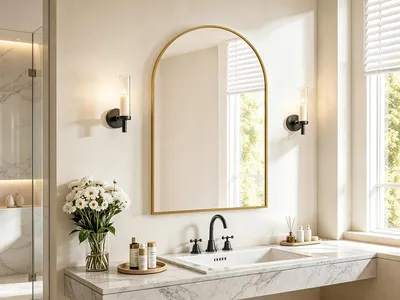 Immagine prodotto di Specchio decorativo Moonbite a forma di arco, vetro temperato ESG, 91 x 61 cm, finitura dorata. Specchio da parete con cornice in alluminio, ideale per ingresso, soggiorno o camera da letto