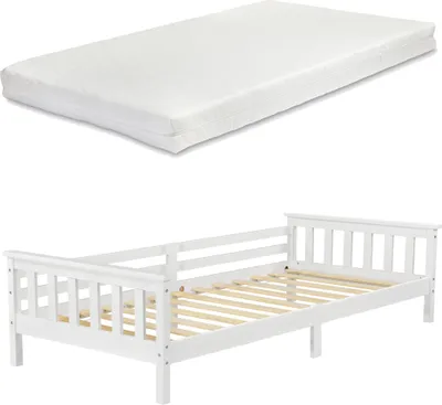 Image de Lit d'enfant Nuuk avec matelas en mousse froide 90x200 cm Lit d'adolescent avec espace de rangement et sommier à lattes Lit couchette en pin contreplaqué blanc