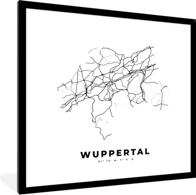 Produktbild von MuchoWow® Gerahmtes Poster Stadtplan - Deutschland - Schwarz-weiß - Wuppertal - Karte 40x40 cm - Poster mit Schwarzem Bilderrahmen Wandposter Rahmen Foto Bilder - Mit Rahmen - Wanddekoration Schlafzimmer