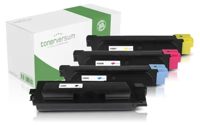 A set of four toner cartridges and their packaging.