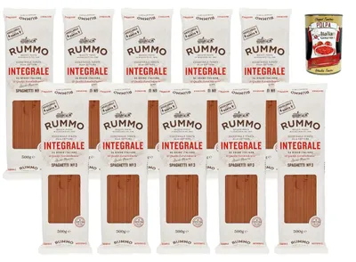 Produktbild von Rummo Italian Gourmet Bundle Vollkorn Spaghetti No. 3 10 x 500 g, italienische Vollkornpasta, lange Pasta aus Hartweizen, Spaghetti Integrale, Vorratspack 5 kg, ideal für Familien + Italian Gourmet polpa