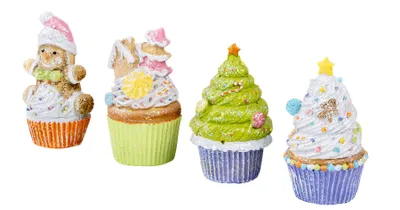 Produktbild von 4er Set Cupcakes Weihnachtsdeko Polyresin Pastell Bunt Tischdeko Weihnachten