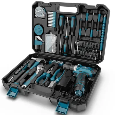 Immagine prodotto di Set da valigetta per utensili 206 pezzi - Avvitatore a batteria 12 V - 0,95 kg - 25 N·m - Due velocità