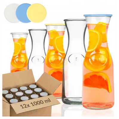 Zdjęcie produktu dla SUPERBUTELKI - 12x Karafki na wodę, szklane 1 L - 1000 ml Karafka do wody na lemoniadę, soki, napoje