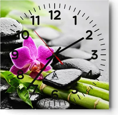 Produktbild von Wanduhr - Quadrat - Glasuhr - Pflanze Steine Bambus Spa - 40x40cm - Schleichendes Uhrwerk - Lautlos - zum Aufhängen bereit - Dekoration Modern - Wanddekoration aus Glas - C4AC40x40-2681