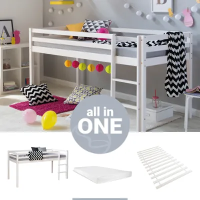 Produktbild von Homestyle4u 2253, Kinder Hochbett Lattenrost Matratze Leiter 90x200 cm Weiß Massiv Jugendbett Etagenbett