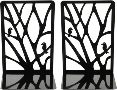 Produktbild von Paar Buchstützen aus robustem Metall mit Vogelzweig, schwarze Buchhalter für Büro und Bibliothek