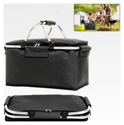 Produktbild von Faltbarer Einkaufskorb 18L, Thermo-Deckel Picknickkorb, Aluminiumgestänge mit Tragegriffen, Reißverschluss, Schwarz für Reisen und Einkaufen