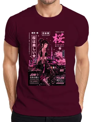 Produktbild von Sakura JDM Japanese Pride Running Is An Art Anime Japan Y2K Drift Herren T-Shirt, Burgundy, L