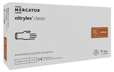Obrázok produktu pre Nitrilové rukavice Mercator Nitrylex, biele, 100 kusov, veľkosť XL, jednorázové, ochranné