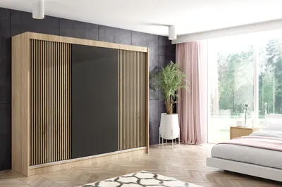 Produktbild von ALTDECOR Kleiderschrank mit Lamel-Schiebetüren, kugelgelagerte Führungsschienen und Aluminium-Leisten - VILO - 250 cm - Sonoma Eiche/Lamelle Eiche Wotan