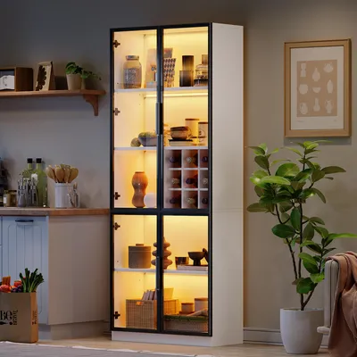 Produktbild von Vitrine 80 x 35 x 200 cm mit 2 Glastüren im Aluminiumrahmen, 5 Ebenen, Weinlagerfach, App-LED und 80 kg Gesamttragfähigkeit, Weiß
