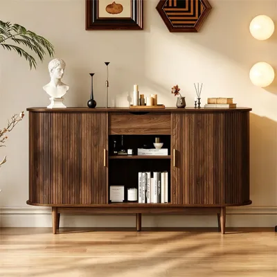 Produktbild von STILVORA Sideboard mit 2 Schiebetüren und Schubladen, Kommode mit Stauraum und geschwungenen Kanten, Aufbewahrungsschrank für Wohnzimmer, Esszimmer und Flur