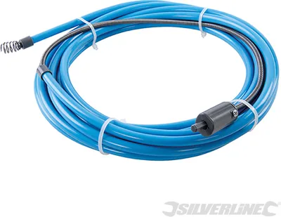 A coiled blue pipe with a gray inner cable and a gray connector, presented on a white background.
