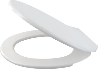 A white toilet seat and lid are shown in an open position against a white background.