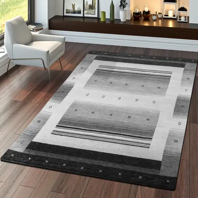 Produktbild von TT Home Teppich Indischer Gabbeh Handgefertigt Qualität Wolle Meliert Bordüre Grau Größe 80x150 cm