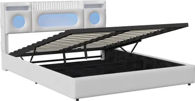 Obrázok produktu pre UnboxG Čalúnená posteľ 140×200 so zásuvkami a LED osvetlením, manželská posteľ s úložným priestorom v čele a hydraulickým úložným priestorom, rám postele s lamelovým roštom, posteľ pre mladých 140×200, PU, biela