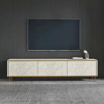 Produktbild von Skye Decor, Hochwertiger TV-Ständer, Travertin und Gold, 180 x 45,2 x 35 cm | 100% melaminbeschichtete Spanplatte, 18 mm dick | Wandmontage, zahlreiche Regale, Push-to-Open-Türen, modern und elegant.