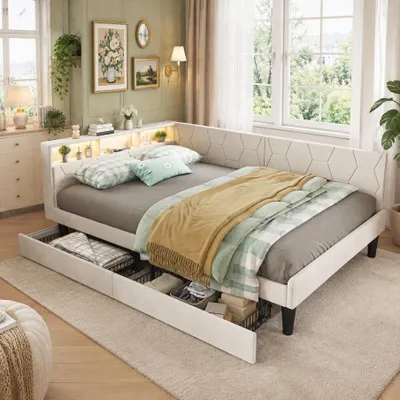 Imagen del producto de Cama tapizada INONEFT de 140x200 cm, cama juvenil con iluminación LED y puerto USB-C, y espacio de almacenamiento en la cabecera. Cama individual con 2 cajones, estructura de cama con somier, tapizada en terciopelo, color beige