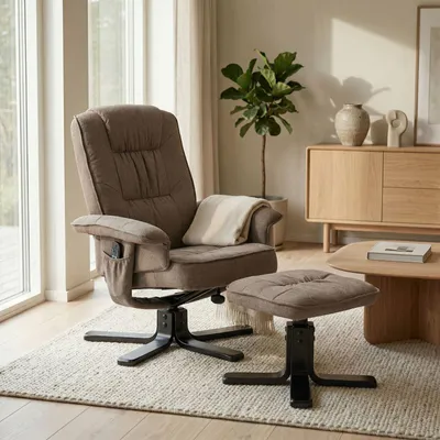 Produktbild von Relaxsessel CHARLY mit Hocker drehbar neigungsverstellbar braun [Max. Belastbarkeit 100 kg] für Wohnzimmer, TV-Sessel Fernsehsessel mit Liegefunktion Polstersessel und Hocker
