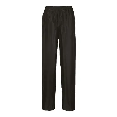 A pair of black rain pants is shown against a white background.