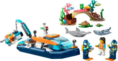 Produktbild von LEGO 60377 City Meeresforscher-Boot Spielzeug, Set enthält ein Korallenriff, ein U-Boot, 3 Minifiguren und Mantarochen, Haie, Krabben und 2 Schildkröten, Meerestiere Figuren für Kinder ab 5 Jahren