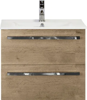 Produktbild von Sanox Badmöbel-Set Seville BxHxT 61 x 52 x 46 cm Frontfarbe eiche natur mit Waschtisch Keramik weiß Griff chrom 81707727