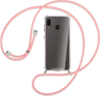 Produktbild von Handykette Backcover-Schutzhülle mit Band (Metall silberfarben) für Samsung Galaxy A20e - rosa