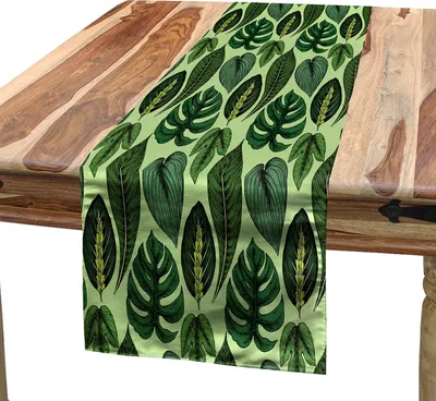 Obrázek produktu pro ABAKUHAUS Exotický ubrus, kompozice ručně malovaných tropických palemových listů a džunglových rostlin, 40 x 180 cm, zelená tmavě zelená