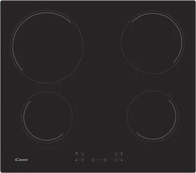 A top-down view of a black induction hob with four cooking zones and control buttons at the bottom.