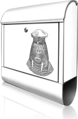 Zdjęcie produktu dla banjado Design Skrzynka pocztowa stalowa srebrna z przegródką na gazety, malowana proszkowo „Herr Walross 2” 38 x 46 x 12,5 cm i 2 klucze – skrzynka pocztowa A4 z otworem na listy, wraz z materiałami montażowymi [BK 13088]