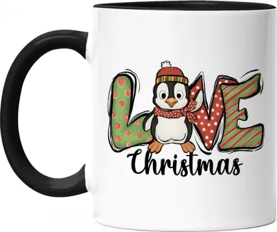 Produktbild von Love Christmas Tasse Schwarz Geschenkidee Weihnachts-Fans Pinguin-Motiv für Weihnachten für Kinder Familie