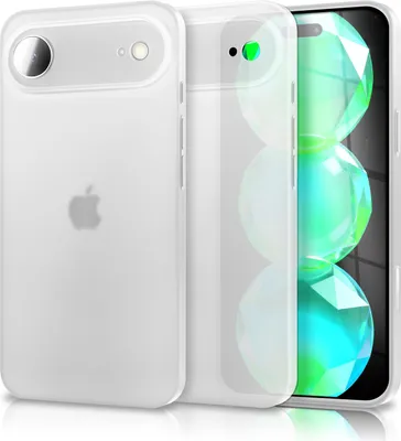 A white transparent iPhone case is shown from the back and side, with the Apple logo visible on the back of the phone inside the case.