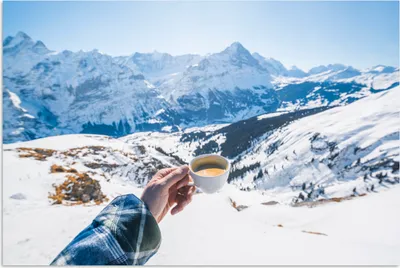 Produktbild von MuchoWow® Poster Kaffee in der Winterlandschaft der Schweiz 120x80 cm - Bilder
