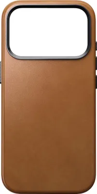 A brown leather iPhone case is shown against a white background.