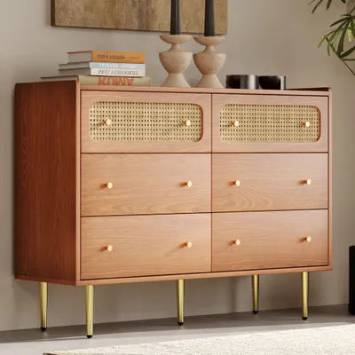 Produktbild von Nussbaum H90/B120/T40cm Schubladenkommode Kommode mit 6 Schubladen Rattan Sideboard Highboard für Schlafzimmer & alle Wohnräume