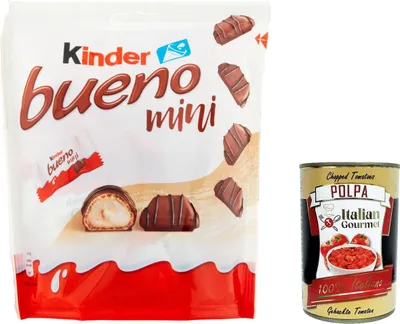 Produktbild von 12x KINDER Bueno MINI Milch Haselnuss Geschmack Schokoriegel mit Milch-Haselnuss-Creme 108g + Italan Gourmet polpa 400g
