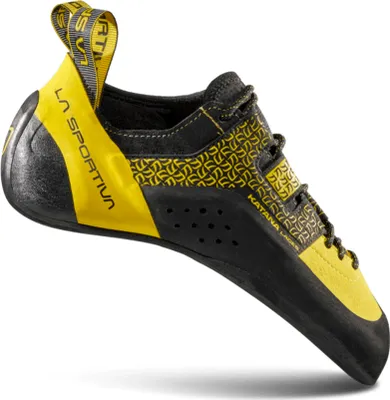 Schnür-Kletterschuh "Katana Laces" von La Sportiva; schwarz-gelb mit strukturiertem Obermaterial und verstärkter Sohle.