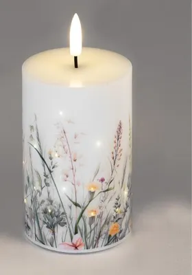 Produktbild von LED Kerze mit Wiesenmotiv, Weiß, 7x10 cm, Fiberglas, Frühlingsdekoration