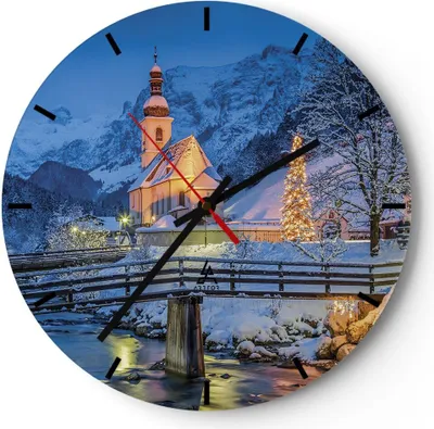 Produktbild von Wanduhr - Rund - Glasuhr - Festlich Kirche Schnee - 40x40cm - Schleichendes Uhrwerk - Lautlos - zum Aufhängen bereit - Dekoration Modern - Wanddekoration aus Glas - C3AR40x40-4584