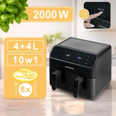 Zdjęcie produktu dla Frytkownica na gorące powietrze beztłuszczowa Airfryer BERGMANN YA 2 komory poziome pojemność 4l+4l moc 2000W panel LED wbudowane okienko frytownica