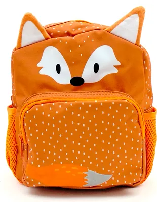 A close-up studio shot of a children's backpack designed to look like a fox.