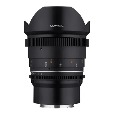 A studio product shot of a camera lens against a white background.