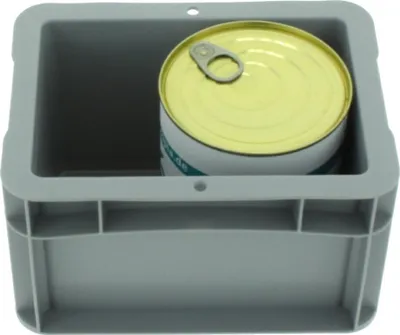 A gray plastic storage box with a single tin can inside.