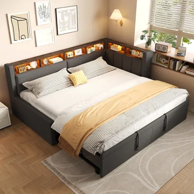 Zdjęcie produktu dla Łóżko jednoosobowe "Flieks" o wymiarach 90 x 200 cm lub 180 x 200 cm, z możliwością rozłożenia na łóżko dwuosobowe, sofa z oświetleniem LED, łóżko z pojemnikiem na pościel, kolor: szary, materiał: len + MDF